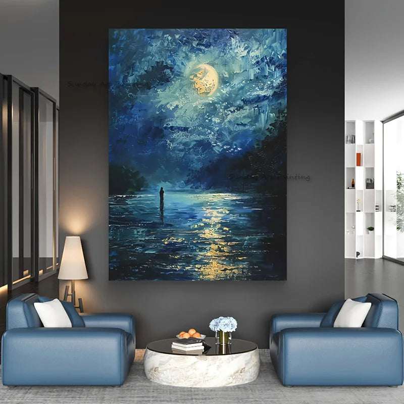 Moonlight Seascape Hand Painted Oil Painting On Canvas Modern Abstract Blue Night Ocean Wall Art For Living Room Home Decor