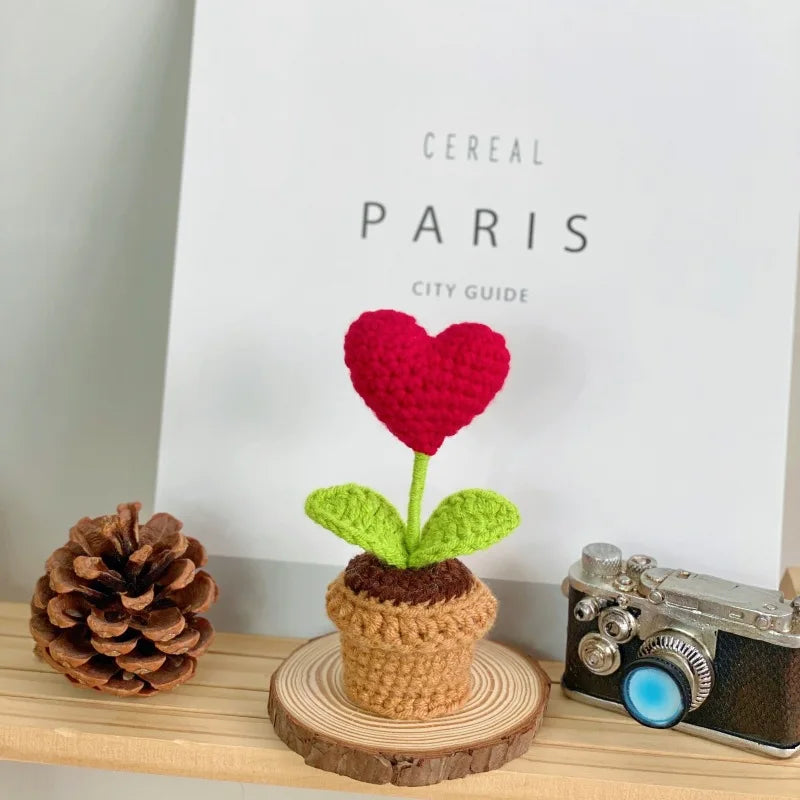 5-1Pcs Handmade Knitted Flower Pot Red Heart-Shaped Woven Flower Gift Knit Imitation Potted Plant Flower Pot Desktop Home Decor