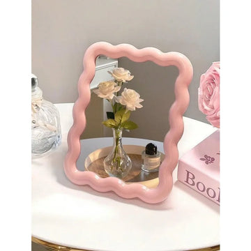 INS Style Cute Wavy Makeup Mirror Desktop Standable Wall Mounted Portable Carry on For Student Dorm Office Small Vanity