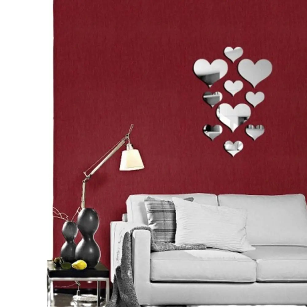 10Pcs/Set Decorative Gold Silver Mirror Wall Sticker Removable 3D Wall Sticker Heart Shape Removable Decal Room Decor