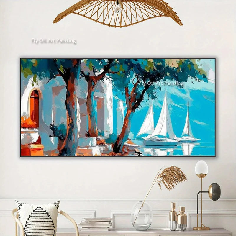 Modern Artwork Handmade Blue Seaside Landscape Oil Painting On Canvas New Design House By The Sea Wall Art Decor For Bedroom