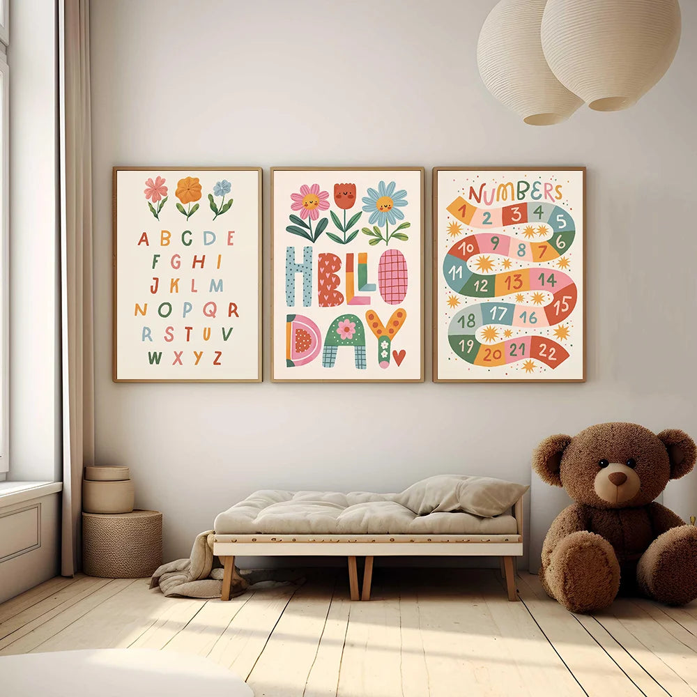 Floral Alphabet Education Kid Prints Children's Room Decor Wall Art Cute Animals Illustration Colorful Unique Playroom Posters