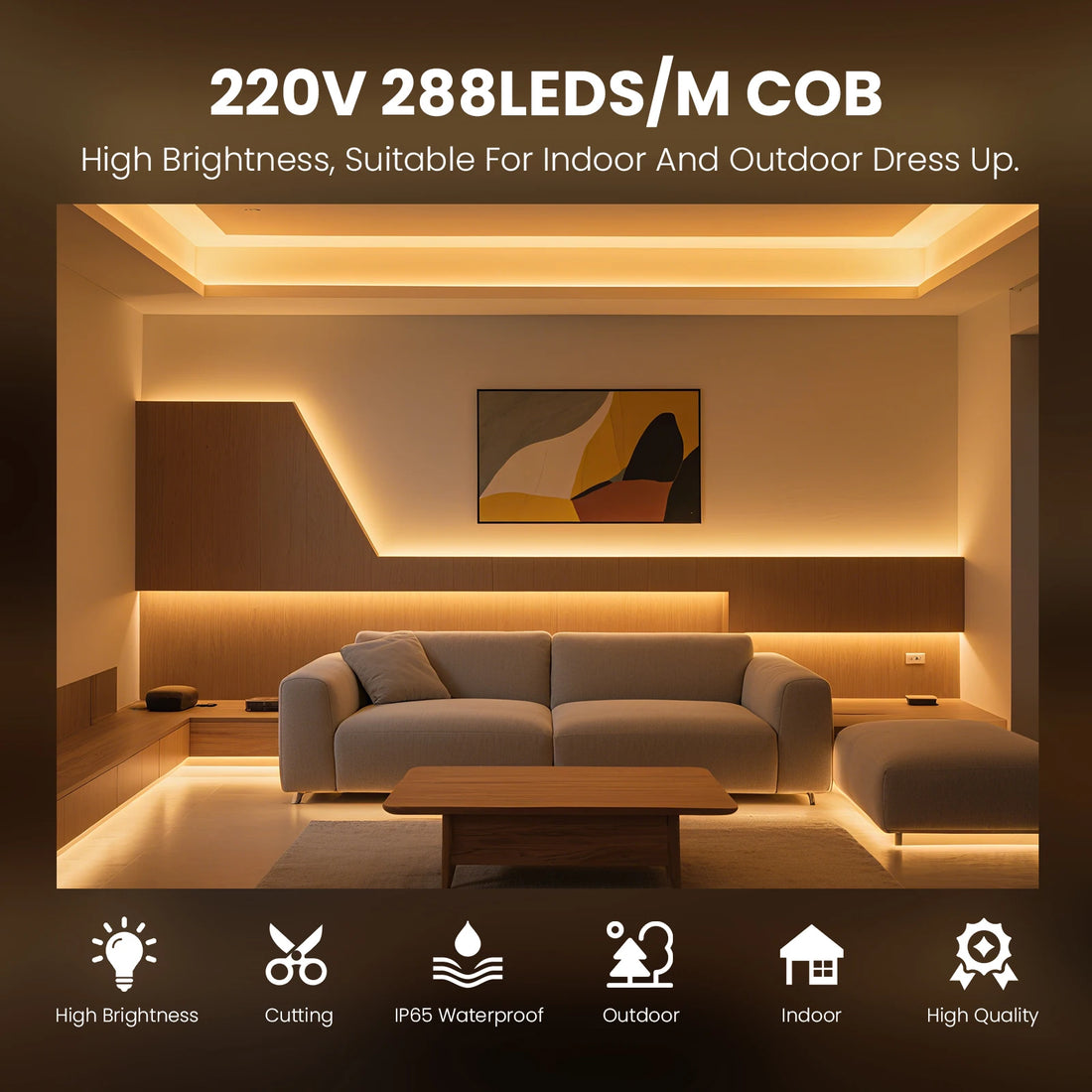 220V COB LED Strip Light With Switch/Dimmer Plug Super Bright 288LEDs/M IP65 3000K 4000K 6000K High Quality Indoor Outdoor Decor