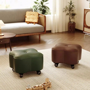 Flower-Shaped PU Leather Stool with Wheels Rolling Low Footrest for Living Room Entryway Home Multipurpose Use Entryway Stool
