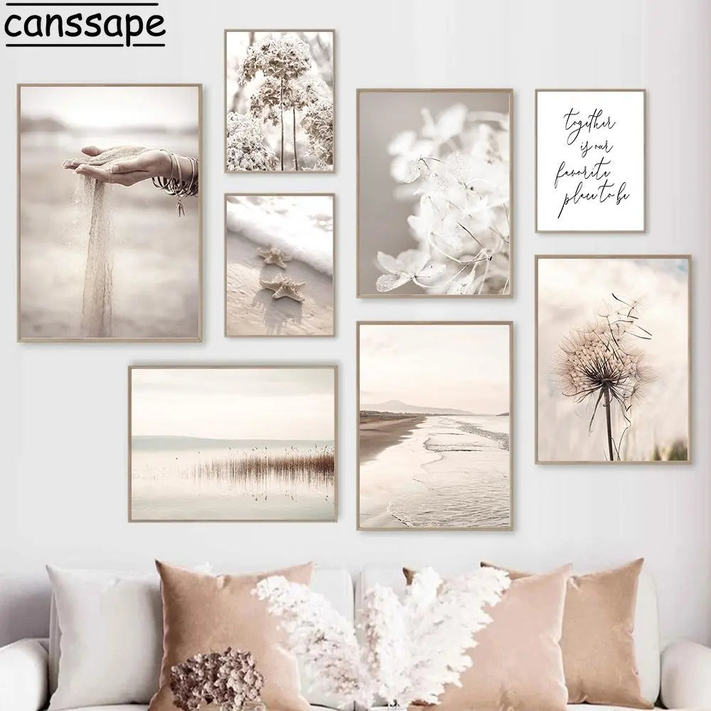 Beige Scenery Canvas Painting Reed Dandelion Flower Wall Pictures Sea Beach Sand Hand Wall Art Nordic Posters Living Room Decor