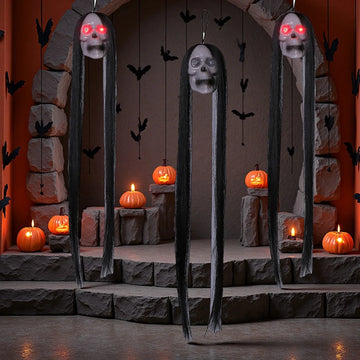 Halloween Hanging Ghost Skull with Long Hair Glowing Eyes Terror Skull Ghost House Head Skeleton Props 2024 Halloween Decoration