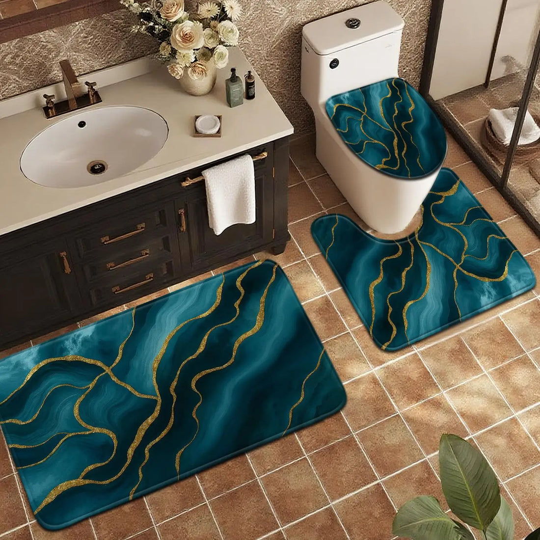 3pcs Set Floor Mat, Home Decor Entry Door Mat, Toilet Lid Mat Toilet Accessory Set, Blue Green Golden Pattern