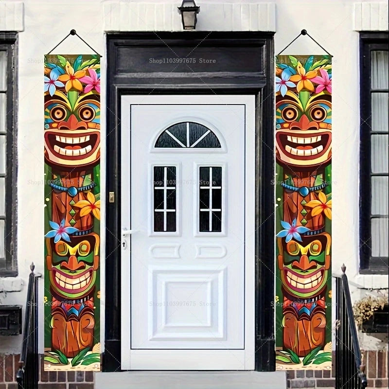 1 Pair Tiki Totem Welcome Porch Banner Hawaiian Luau Party Decoration Supplies Indoor Outdoor Wall Hanging Decor Banner Sign