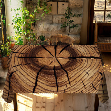 One Piece, Natural Wood-Themed Polyester Tablecloth + 4 Self-Adhesive Stickers, Round/Rectangular Tablecloth, Classic Natural Wood Style, Solid Wood Texture with Annual Ring Print Pattern, Embossed Edges, Suitable for Home Ki