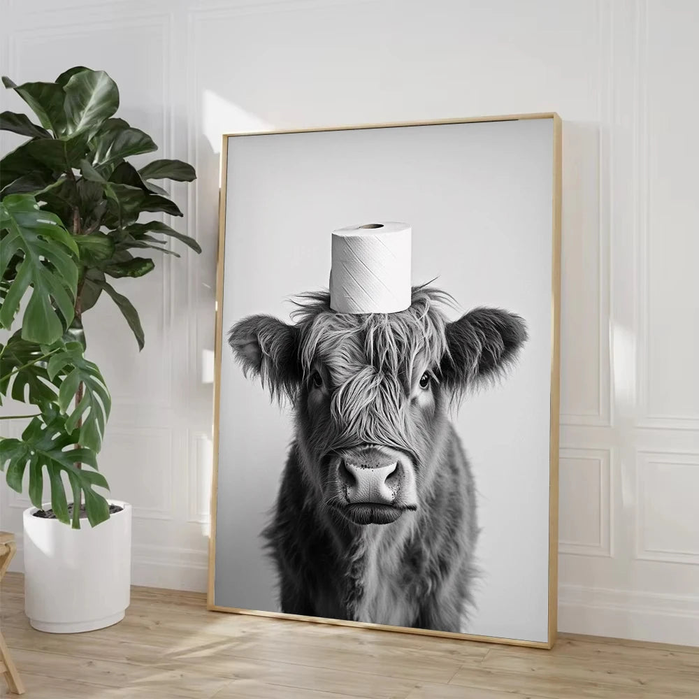 Highland Cow Otter Cat  Raccoon with Toilet Paper Poster Print Canvas Painting Bathroom Wall Art Funny Toilet Humor Home Decor
