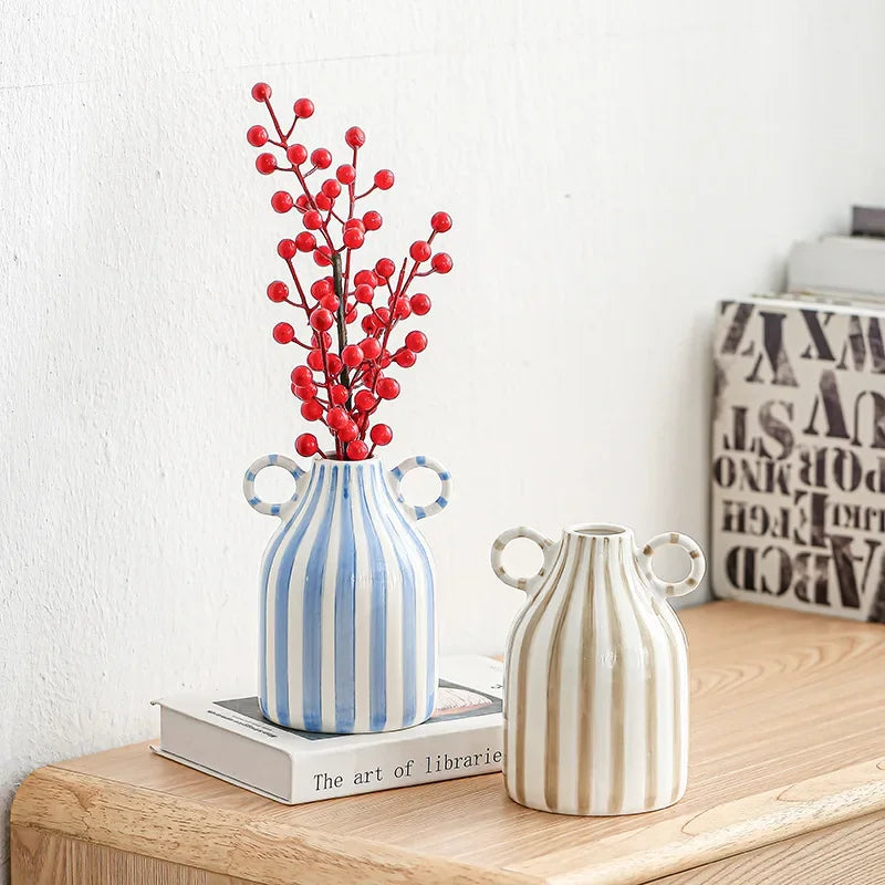 Fun Hand-painted Ceramic Flower Vase with Two Ears Creative Stripe Vase Flower Arrangement Decoration Table Ornaments Home Gifts