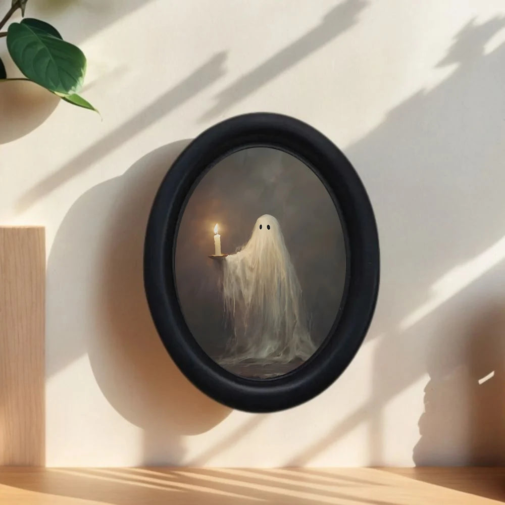 A Handmade Victoria Gothic Wooden Ornament Art - Cute Little Ghost with Candle, Black Oval Frame, Interior Decoration, Suitable for Home and Office, Ideal Holiday Decoration, Home Wall Decoration |   Victoria Style Decoration