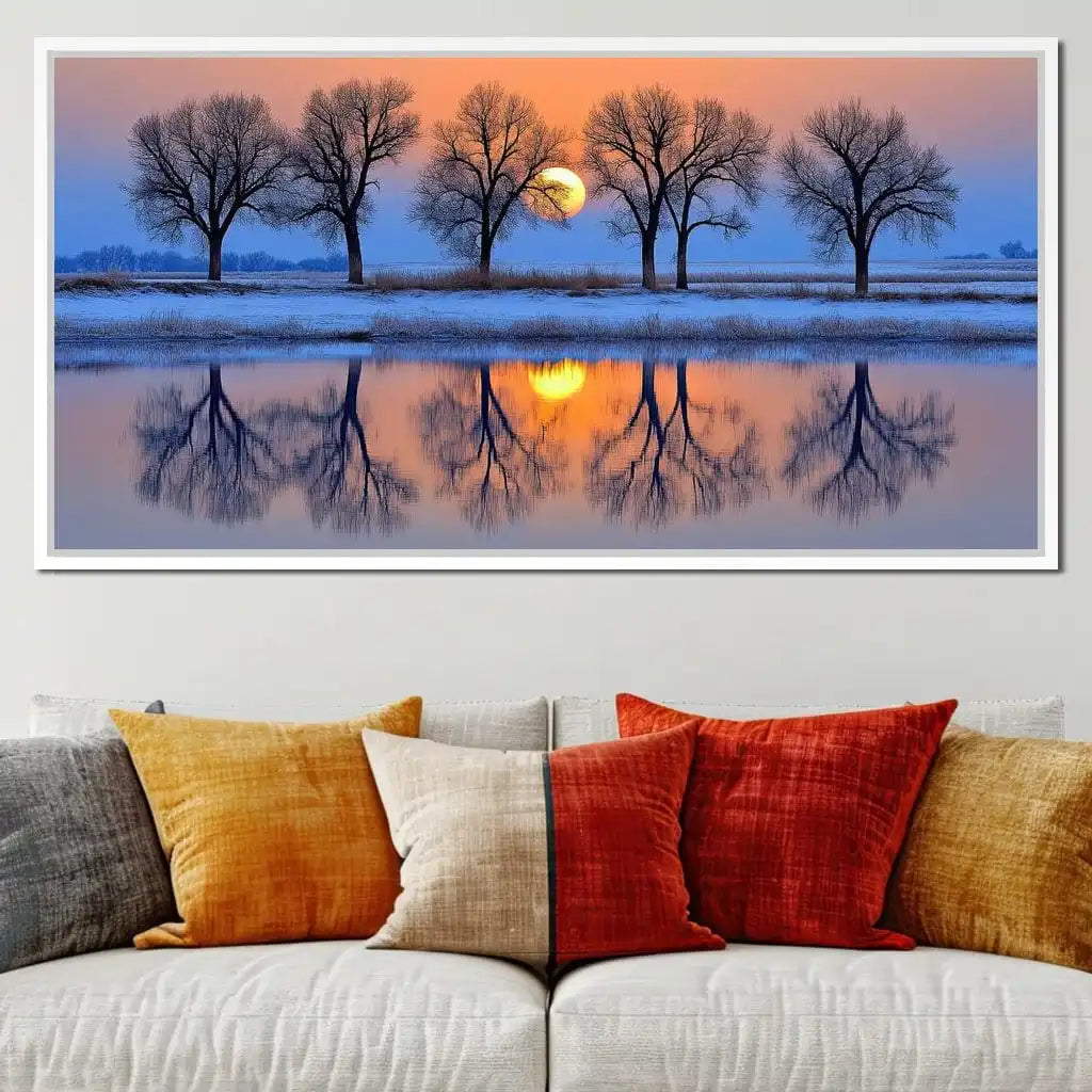 Golden Sunset Reflection Landscape Canvas Painting Winter Trees Silhouette Nature Photography Poster Living Room Wall Home Decor
