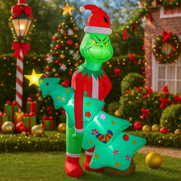 2.1M/6.8FT Inflatable Grinch Holding Christmas Trees Light LED home decorations Toy Yard Xmas Supplies Holiday Outdoor ornament