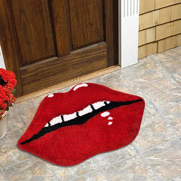 Unique Red Lips Shaped Floor Mat Soft Plush Rug For Bedroom, Bathroom, Or Living Room Non-Slip Backing