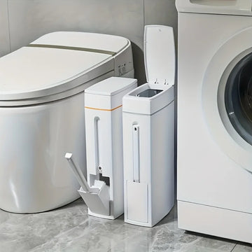 Ultra Thin Narrow Edge Wastebasket Built in Toilet Brush Plastics Bin Press Type Recycle Bins Two-in-one Home Bathroom Trash Can