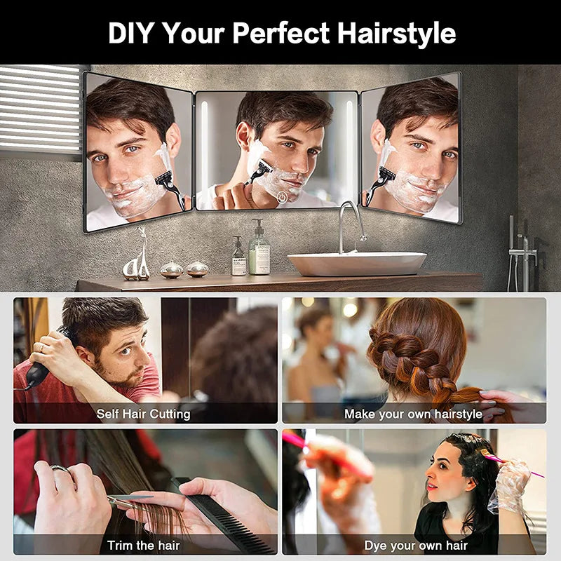 3-Way Mirror with LED 360 Trifold Hair Cut Mirror with Lighting Self Hairdressing Mirror For Hair Suitable For Haircut Styling