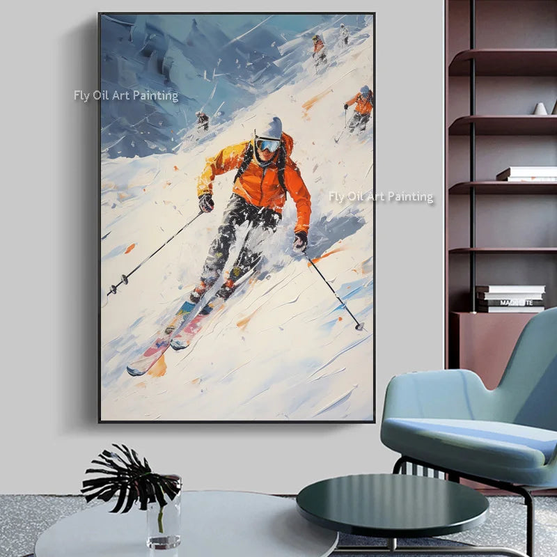Abstract Mountain People Skiing Canvas Artwork Simple Design Handpainted White Art Snow Mountains Thick Oil Painting Wall Decor