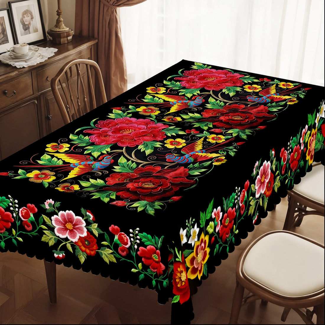 1 Piece, Vibrant Mexican Style Colorfulful Flower Tablecloth + 4 Pieces of Self-Adhesive, Flower Pattern Printing, Embossed Edge, Suitable for Home Kitchen Room Decoration, Party Holiday Decoration Tablecloth, Perfect Gift, S