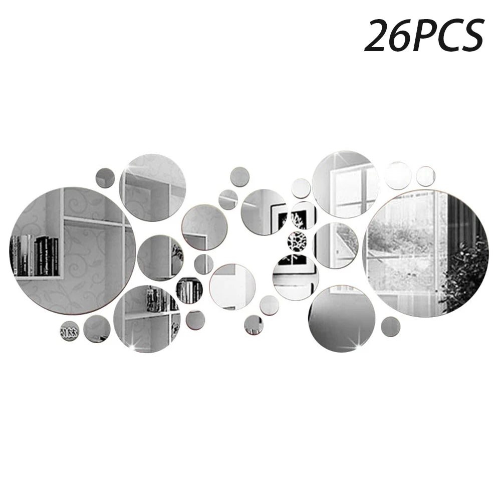 26PCs 3D Acrylic Mirror Wall Sticker Round Mirror Decals DIY for Bedroom Bathroom and TV Background Room Sticker Wall Decoration