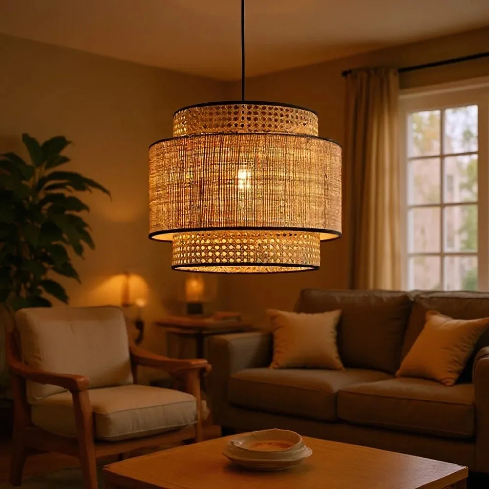 JOYINLED Modern Chandelier Japanese Wabi-Sabi Rattan Pendant Lights Handwoven Boho Ceiling Lamp for Dining Room, Cafe & Bedroom
