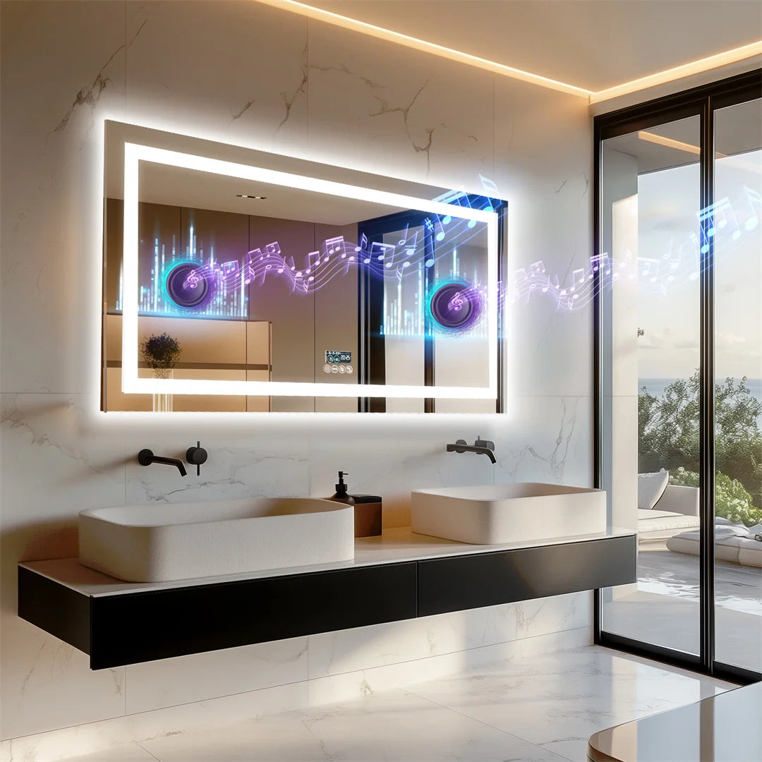 LUVODI Large Illuminated Bluetooth Bathroom Mirror Rectangle Anti-fog LED Bathroom Vanity Mirror with Bluetooth Speaker 3 Color