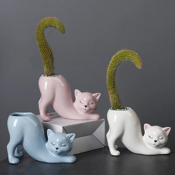 Ceramics Cartoon Cat Flower Pot Cute Cat Tail Succulent Planting Pot Porcelain Flower Vase Flowerpot Home Decoration Accessories