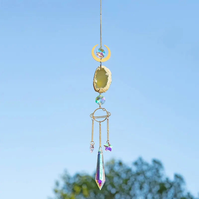 1pc,Agate Raw Stone Artificial Crystal Wall Hanging,Sun Eyes And Stars Moon Pendant, Home Decorations,Garden Sunny Catcher