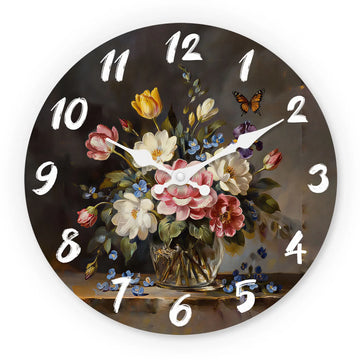 Floral Butterfly Wooden Wall Clock, 10-16inch Silent Wall Clocks, Aa Battery Powered, Suitable for Living Room, Bedroom, Study Room, (Batteries Not Included) (Mother's Day, Easter, April Fool's Day)