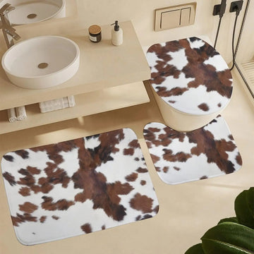 3PCS Cow Print Bath Mat Set, Farm Animal Fur U-Shape Toilet Cover & Rug, Soft Non-Slip Absorbent Bathroom Decor Set