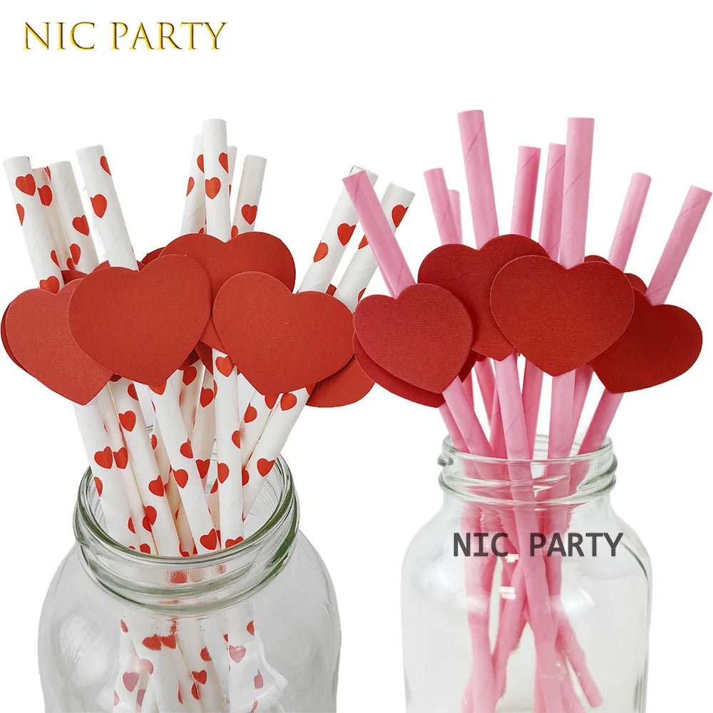 20pcs Pink Heart Drinking Straws Bridal Shower Wedding Valentine's Day Birthday Party Supplies Gift Red Heart Engagement Banquet