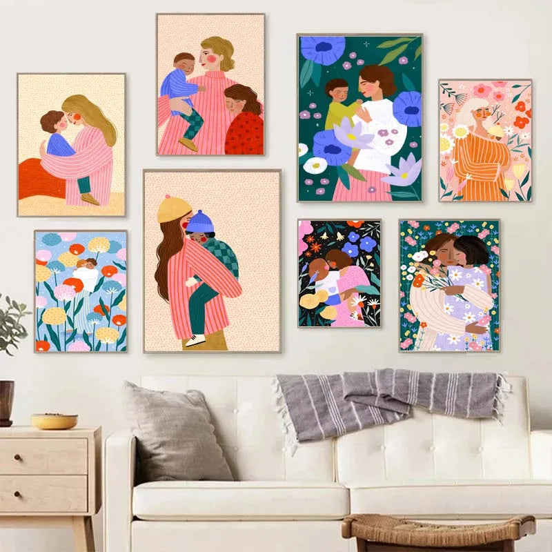 Motherhood Art Print Canvas Painting Young Mum and Kids Poster Maternal Love Floral Nursery Kids Room Home Decoration