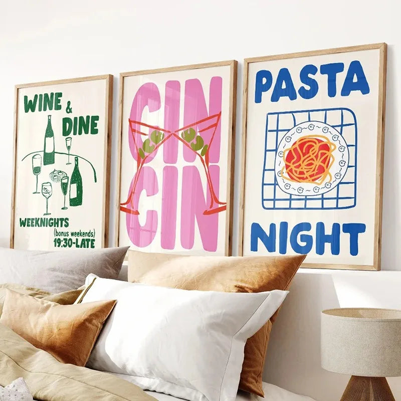Maximalist Coffee Cheers Print Posters Retro Trendy Wine Poster Pasta Night Food Print Painting Bar Cart Art Decor Room Decor