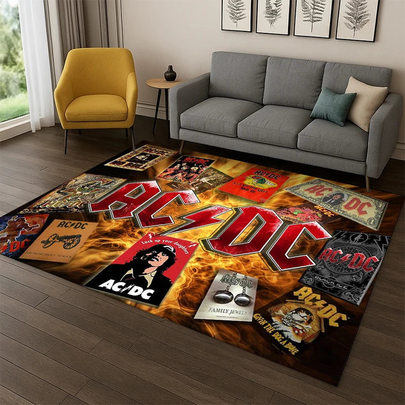 Retro ACDC Rock Band Catoon Carpet Rug for Playroom Bedroom Living Room Sofa Home Decor,kid Game Area Rug Non-slip Floor Mat