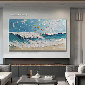 Large Summer Season Blue And Beige Seaside View Oil Painting Handmade People Play By The Sea Wall Art On Canvas For Room Decor