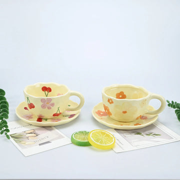 2PCS/Set High-end Coffee Cups And Saucers, High-value Ceramic Mugs, Business-style Latte Art Coffee Cups, Hand-pinched Cups