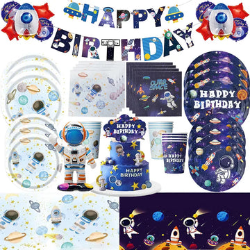 Space Astronaut Birthday Decoration Tableware Set Cups Plates Napkins Balloons Gift Bags Glasses Papa Circle Kids Party Supplies