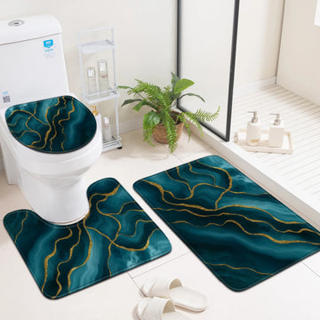 3pcs Set Floor Mat, Home Decor Entry Door Mat, Toilet Lid Mat Toilet Accessory Set, Blue Green Golden Pattern