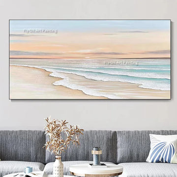 Blue And White Seascape With Sunrise Oil Painting Handmade Large Seawaves Thick Canvas Wall Art Beautiful Sea Artwork For Decor