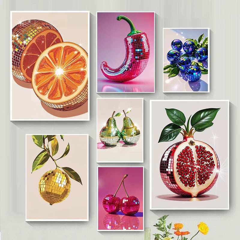 Funky Disco Ball Fruits Posters Maximalist Kitchen Dopamine Strawberries Prints Canvas Painting Wall Art Picture Home Room Decor