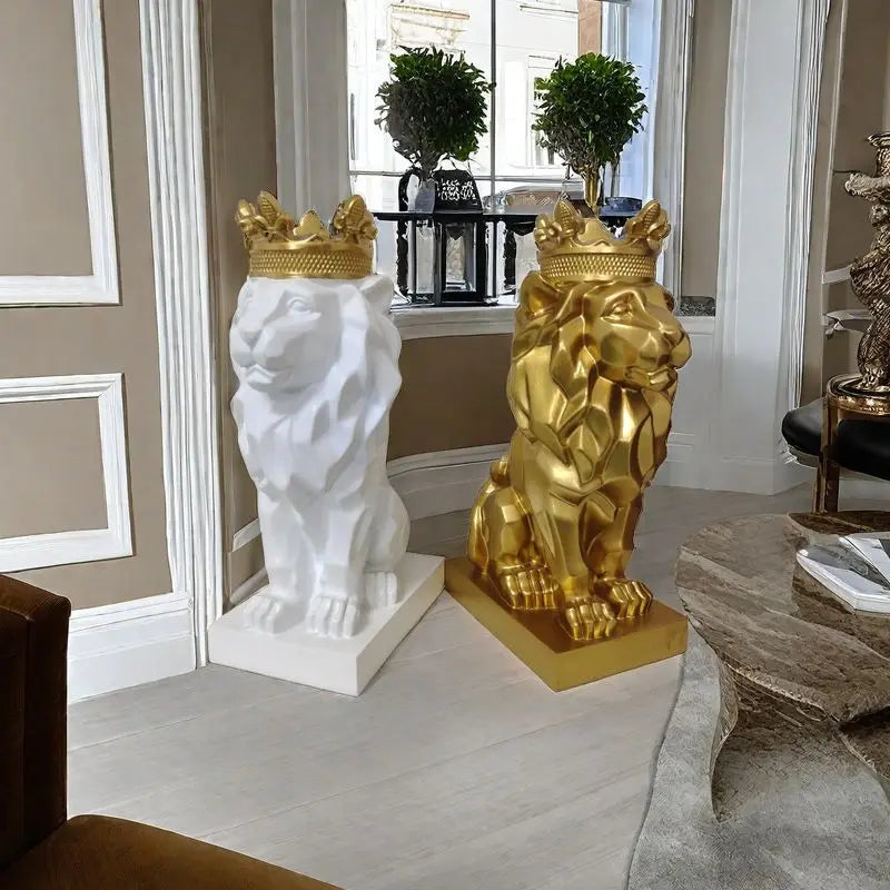 Handmade Crowned Lion Statue, Resin Figurine - Home Office Decor Art Gift