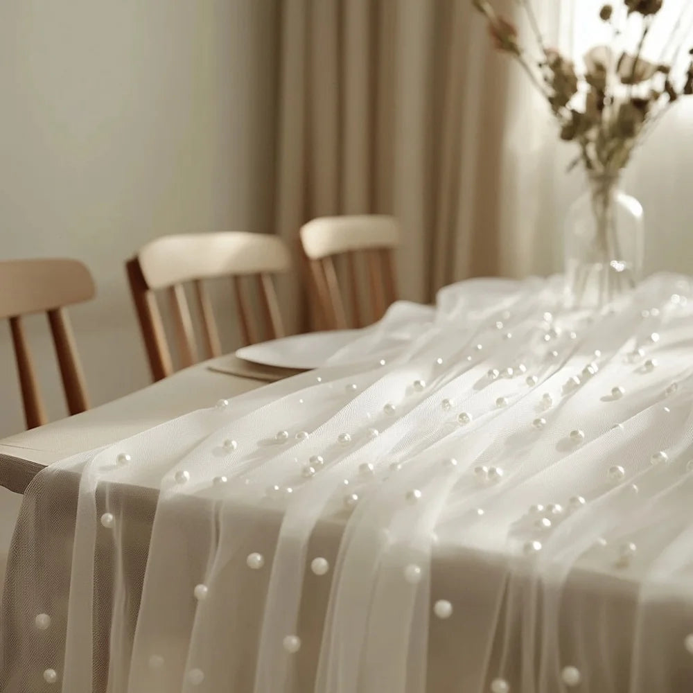 Pearl Chiffon Table Runner 80x300cm Semi Transparent Gauze Mesh Table Cloth for Wedding Bridal Shower Party Dining Decoration
