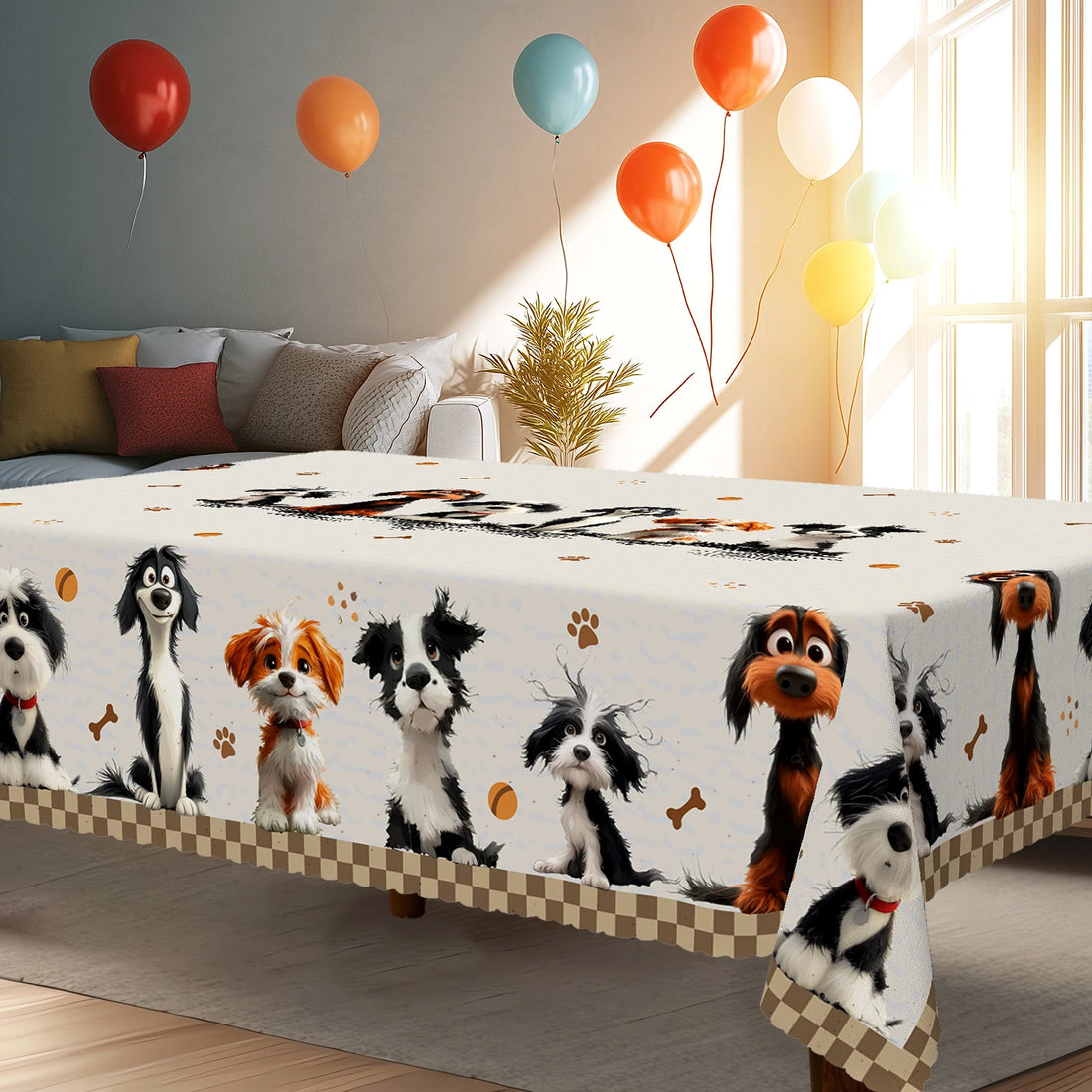 1 Piece, Cute Dog-Themed Round/Rectangular Tablecloth + 4 Self-Adhesive Stickers, Polyester Fabric, Six Different Breeds of Cute and Adorable Cartoon Dogs Printed, Embossed Edges, Suitable for Home Kitchen, Living Room Dining