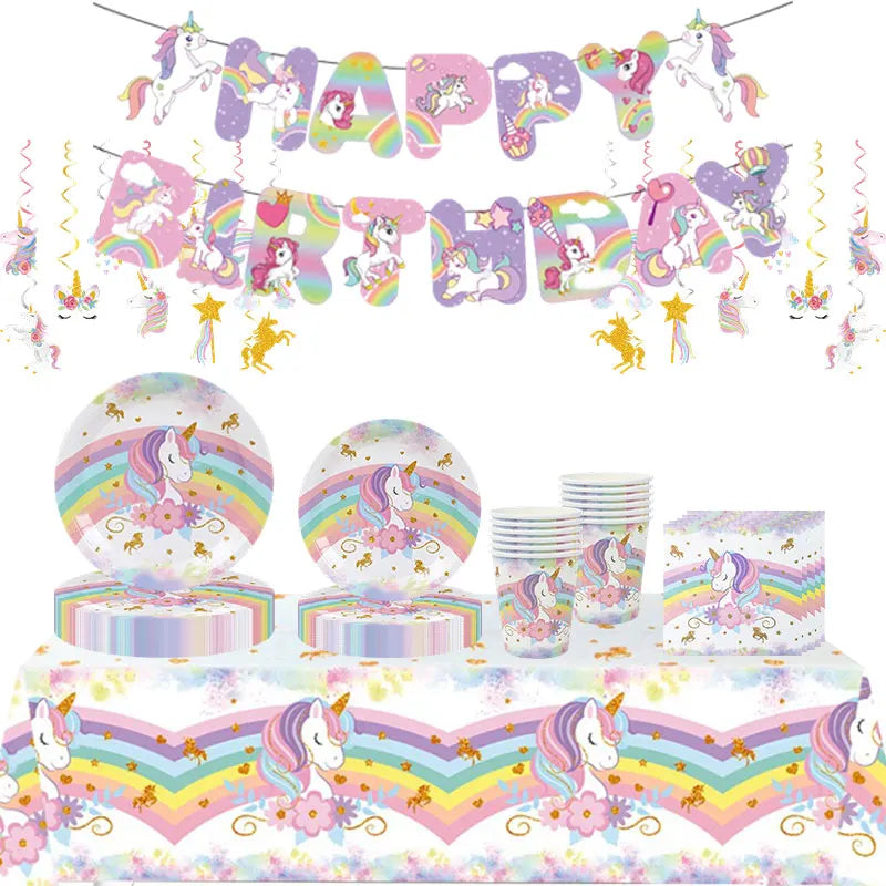 Unicorn Girl Birthday Decoration Set Cup Plate Unicorn Balloons Happy Banner Cake Topper Backdrop Supplies for Kids Party Favors