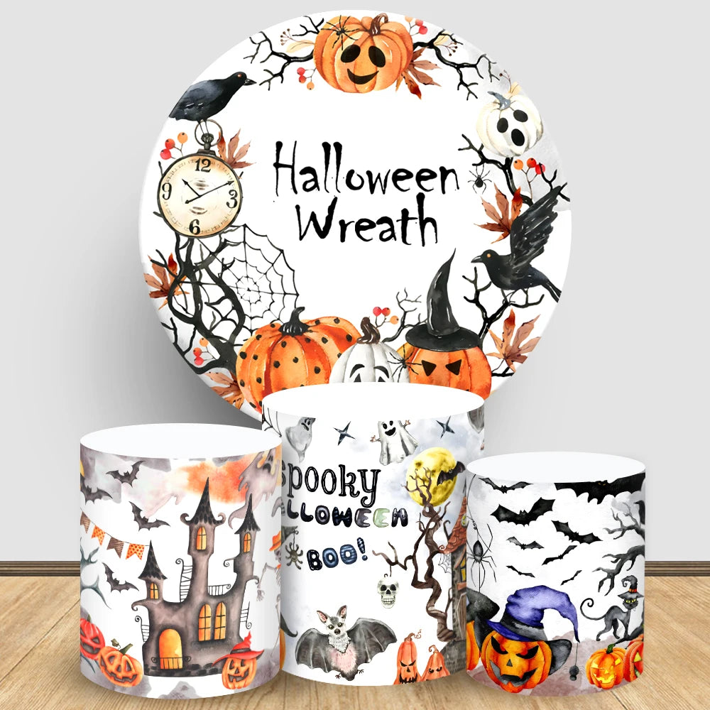 Halloween Theme Round Backdrop Cover Cartoon Pumpkin Ghost Cylinder Cover Custom Festival Party Photograph Dessert Table Decor