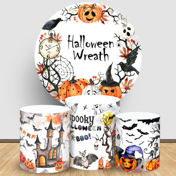 Halloween Theme Round Backdrop Cover Cartoon Pumpkin Ghost Cylinder Cover Custom Festival Party Photograph Dessert Table Decor