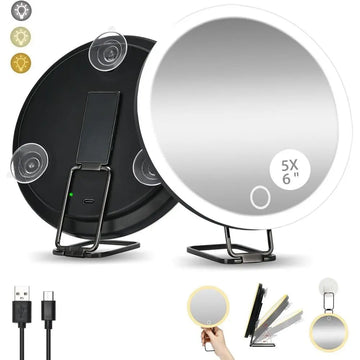 360° Adjustable Stand Magnifying Mirror with Light High-Definition Foldable LED Makeup Mirror 3 Color Light Wall Hanging