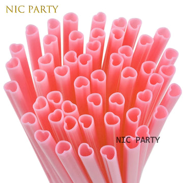 20pcs Pink Heart Drinking Straws Bridal Shower Wedding Valentine's Day Birthday Party Supplies Gift Red Heart Engagement Banquet