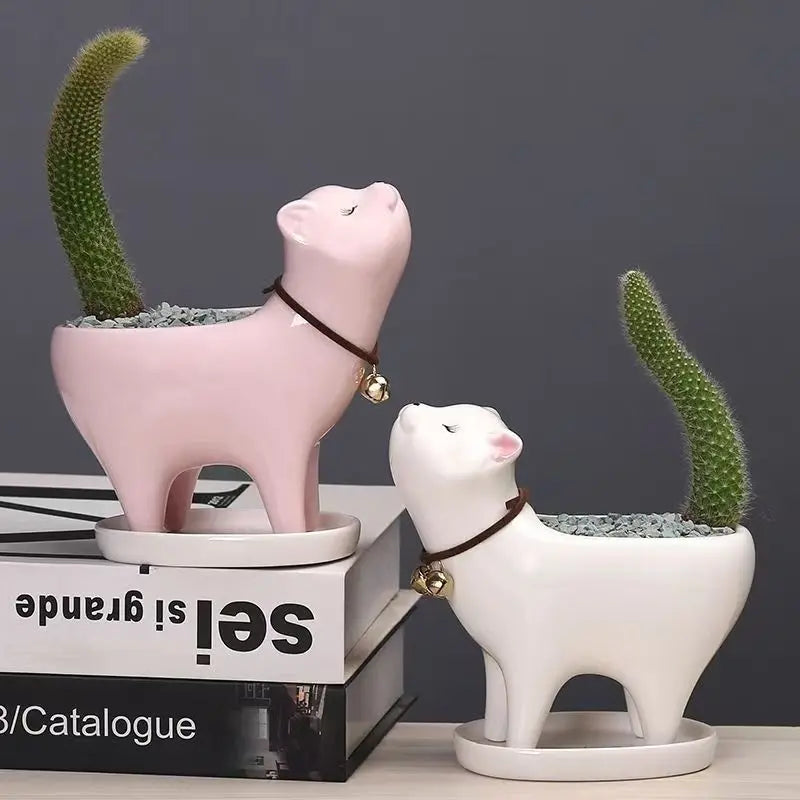 Ceramics Cartoon Cat Flower Pot Cute Cat Tail Succulent Planting Pot Porcelain Flower Vase Flowerpot Home Decoration Accessories