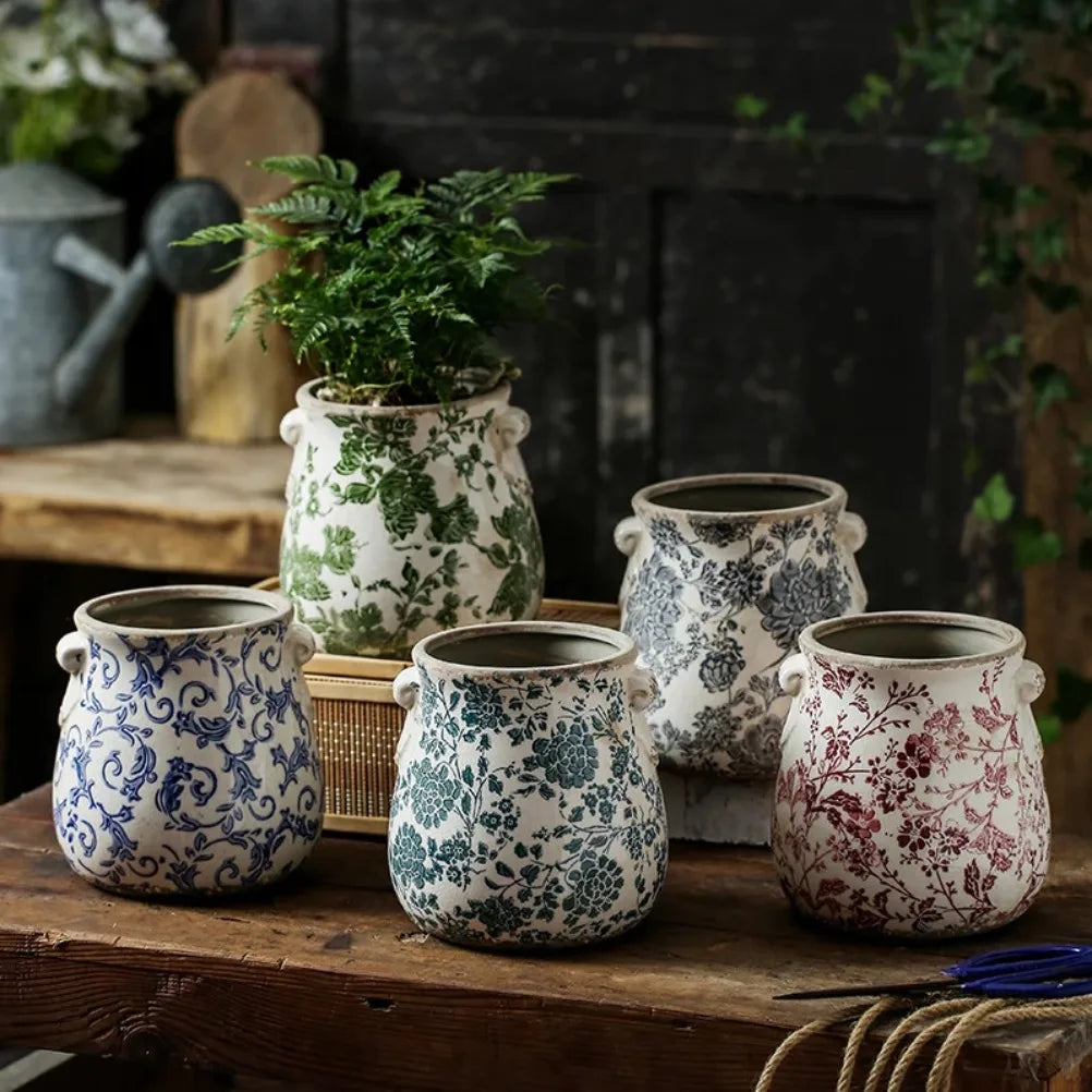 Vintage Ceramic Flower Pot Outdoor Garden Pots for Plants Drainage Holes Indoor Desktop Flowerpot Hand Drawn Home Decoration